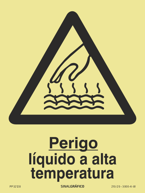 Placa de sinalética fotoluminescente – Perigo líquido a alta temperatura Criaconsensos - Serviços Gráficos e Publicidade