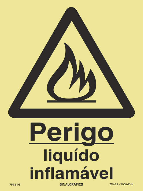 Placa de sinalética fotoluminescente – Perigo líquido inflamável Criaconsensos - Serviços Gráficos e Publicidade