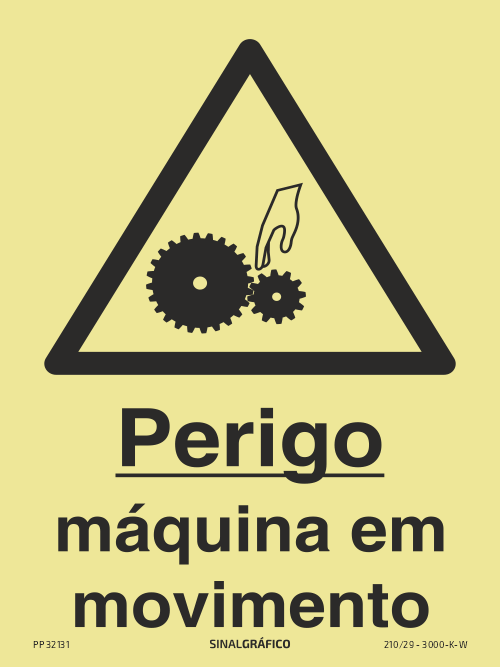 Placa de sinalética fotoluminescente – Perigo máquina em movimento Criaconsensos - Serviços Gráficos e Publicidade