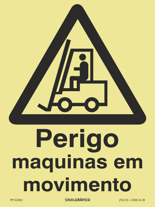 Placa de sinalética fotoluminescente – Perigo máquinas em movimento Criaconsensos - Serviços Gráficos e Publicidade