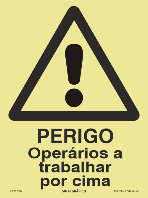 Placa de sinalética fotoluminescente – Perigo operários a trabalhar por cima Criaconsensos - Serviços Gráficos e Publicidade