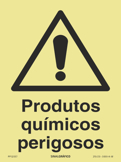 Placa de sinalética fotoluminescente – Perigo produtos químicos perigosos - Criaconsensos - Serviços Gráficos e Publicidade