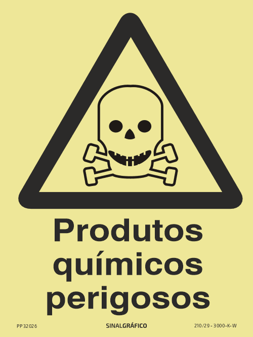 Placa de sinalética fotoluminescente – Perigo produtos químicos perigosos - Criaconsensos - Serviços Gráficos e Publicidade