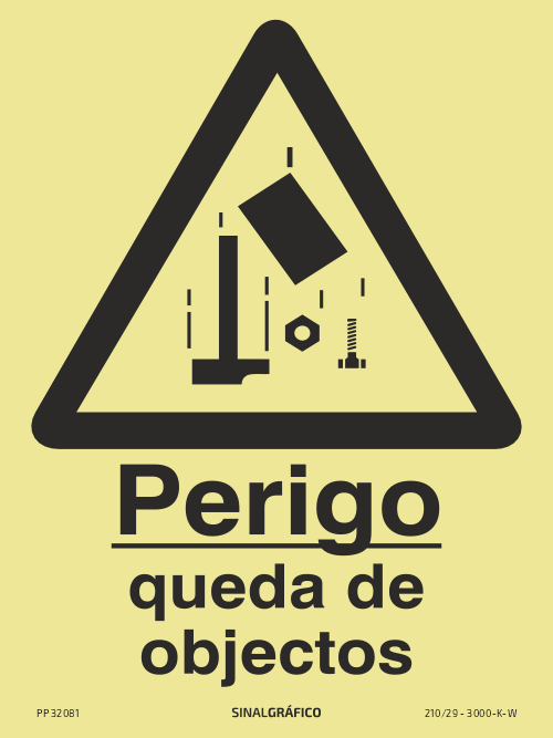 Placa de sinalética fotoluminescente – Perigo queda de objetos Criaconsensos - Serviços Gráficos e Publicidade