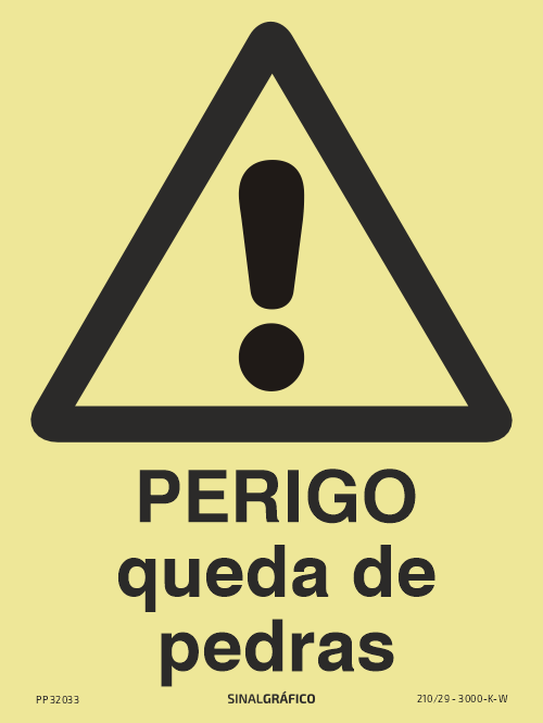 Placa de sinalética fotoluminescente – Perigo queda de pedras Criaconsensos - Serviços Gráficos e Publicidade