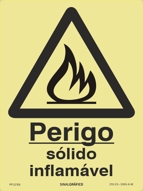 Placa de sinalética fotoluminescente – Perigo sólido inflamável Criaconsensos - Serviços Gráficos e Publicidade