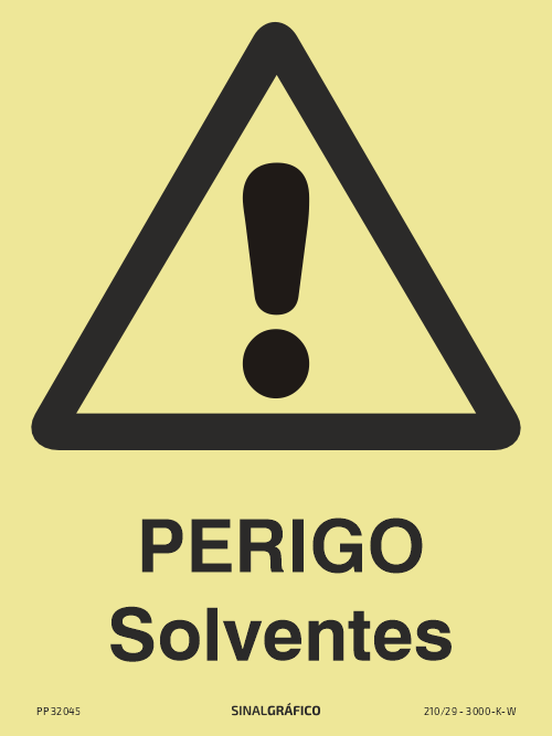 Placa de sinalética fotoluminescente – Perigo solventes Criaconsensos - Serviços Gráficos e Publicidade