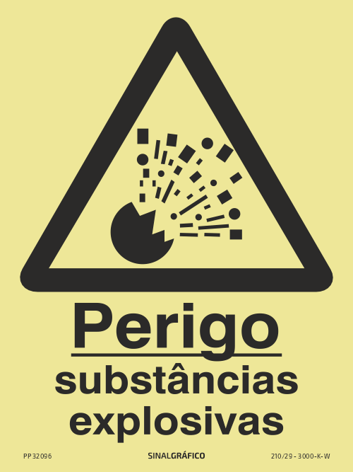 Placa de sinalética fotoluminescente – Perigo substâncias explosivas Criaconsensos - Serviços Gráficos e Publicidade