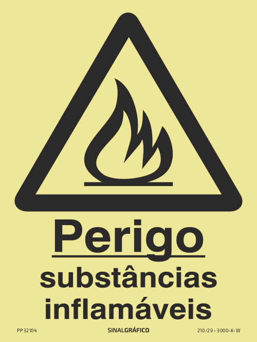 Placa de sinalética fotoluminescente – Perigo substâncias inflamáveis Criaconsensos - Serviços Gráficos e Publicidade