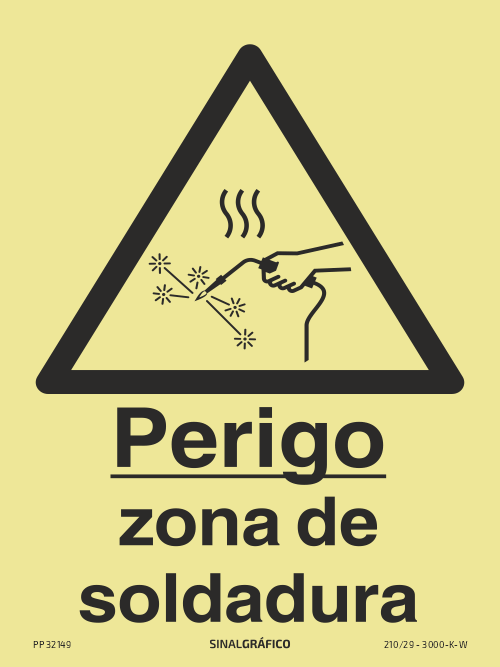 Placa de sinalética fotoluminescente – Perigo zona de soldadura Criaconsensos - Serviços Gráficos e Publicidade