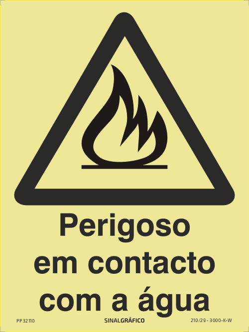 Placa de sinalética fotoluminescente – Perigoso em contacto com a água Criaconsensos - Serviços Gráficos e Publicidade