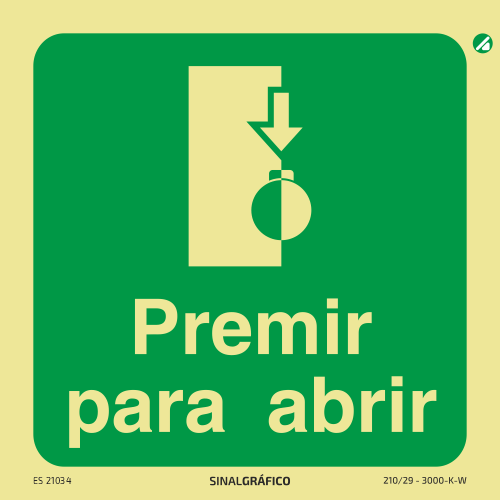 Placa de sinalética fotoluminescente - Porta de emergência - Premir para abrir Criaconsensos - Serviços Gráficos e Publicidade