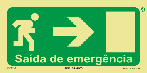 Placa de sinalética fotoluminescente - Porta de emergência à direita → Criaconsensos - Serviços Gráficos e Publicidade