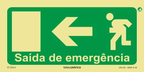 Placa de sinalética fotoluminescente - Porta de emergência à esquerda ← Criaconsensos - Serviços Gráficos e Publicidade