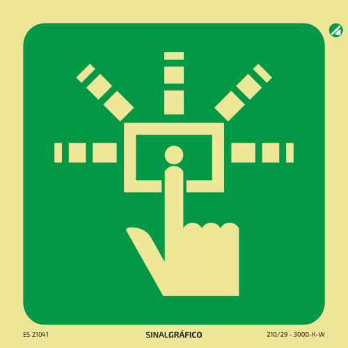 Placa de sinalética fotoluminescente - Premir em caso de emergência Criaconsensos - Serviços Gráficos e Publicidade