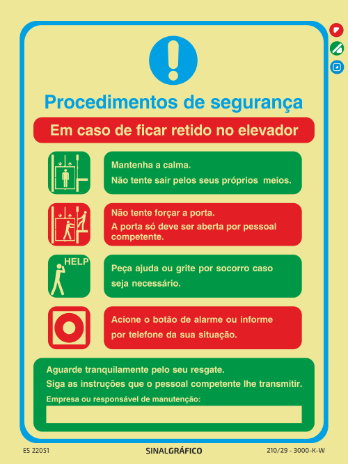 Placa de sinalética fotoluminescente - Procedimentos de segurança - Em caso de ficar retido no elevador Criaconsensos - Serviços Gráficos e Publicidade