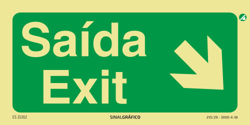 Placa de sinalética fotoluminescente - Saída / Exit abaixo à direita - PT/ENG ↘ Criaconsensos - Serviços Gráficos e Publicidade