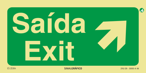 Placa de sinalética fotoluminescente - Saída / Exit acima à direita - PT/ENG ↗ Criaconsensos - Serviços Gráficos e Publicidade