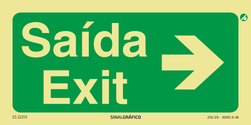 Placa de sinalética fotoluminescente - Saída / Exit à direita PT/ENG → Criaconsensos - Serviços Gráficos e Publicidade