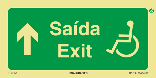 Placa de sinalética fotoluminescente - Saída / Exit para cadeira de rodas em frente - PT/ENG ↑ Criaconsensos - Serviços Gráficos e Publicidade