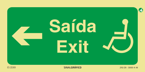 Placa de sinalética fotoluminescente - Saída / Exit para cadeira de rodas à esquerda - PT/ENG ← Criaconsensos - Serviços Gráficos e Publicidade