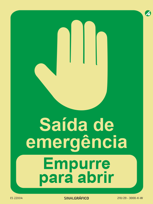 Placa de sinalética fotoluminescente - Saída de emergência - Empurre para abrir Criaconsensos - Serviços Gráficos e Publicidade