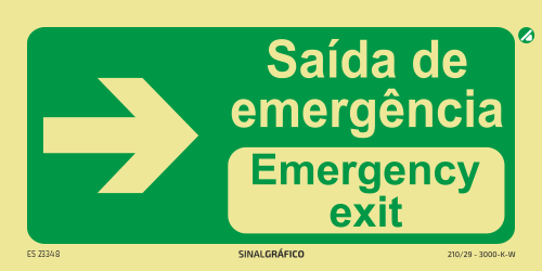 Placa de sinalética fotoluminescente - Saída de emergência à direita PT/ENG → Criaconsensos - Serviços Gráficos e Publicidade