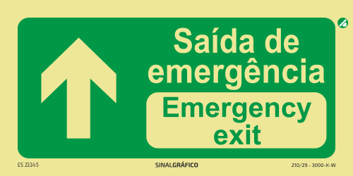 Placa de sinalética fotoluminescente - Saída de emergência em frente PT/ENG ↑ Criaconsensos - Serviços Gráficos e Publicidade