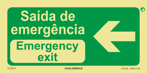 Placa de sinalética fotoluminescente - Saída de emergência à esquerda PT/ENG ← Criaconsensos - Serviços Gráficos e Publicidade