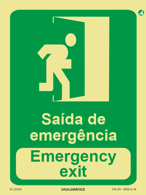 Placa de sinalética fotoluminescente - Saída de emergência para a direita - Emergency exit - PT/ENG Criaconsensos - Serviços Gráficos e Publicidade