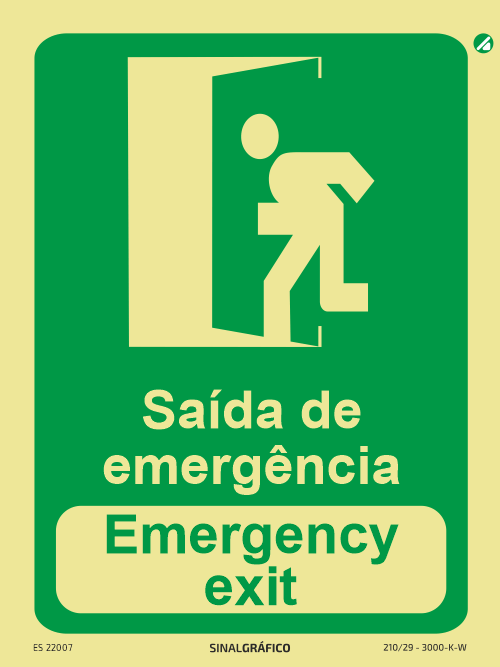 Placa de sinalética fotoluminescente - Saída de emergência para a esquerda - Emergency exit - PT/ENG Criaconsensos - Serviços Gráficos e Publicidade