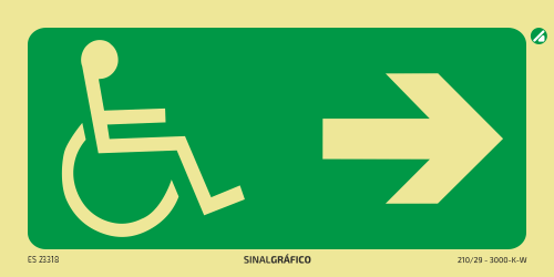 Placa de sinalética fotoluminescente - Saída de emergência para deficientes à direita → Criaconsensos - Serviços Gráficos e Publicidade