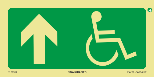 Placa de sinalética fotoluminescente - Saída de emergência para deficientes em frente ↑ Criaconsensos - Serviços Gráficos e Publicidade