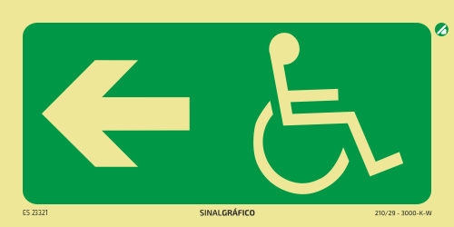 Placa de sinalética fotoluminescente - Saída de emergência para deficientes à esquerda ← Criaconsensos - Serviços Gráficos e Publicidade