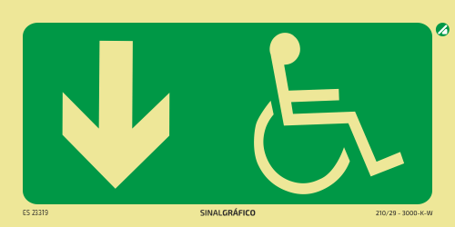 Placa de sinalética fotoluminescente - Saída de emergência para deficientes por aqui ↓ Criaconsensos - Serviços Gráficos e Publicidade