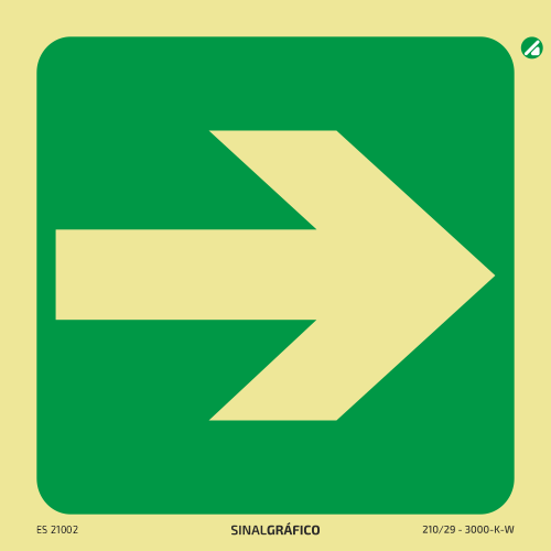 Placa de sinalética fotoluminescente - Seta - Via de evacuação esquerda, acima, direita, abaixo, ← ↑ → ↓ Criaconsensos - Serviços Gráficos e Publicidade