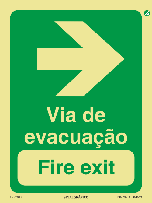 Placa de sinalética fotoluminescente - Via de evacuação à direita - Fire exit PT/ENG → Criaconsensos - Serviços Gráficos e Publicidade