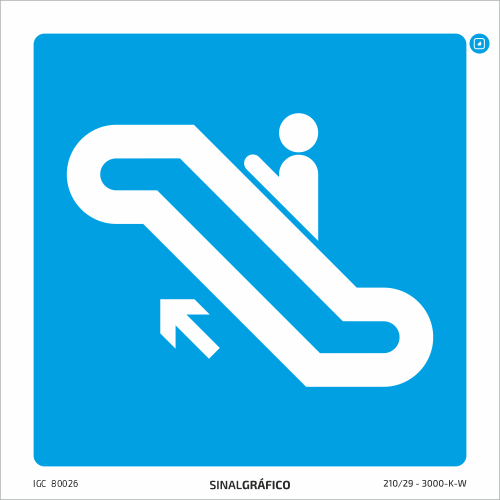 Placa de sinalética –Indicação de escada rolante acima à esquerda ↖