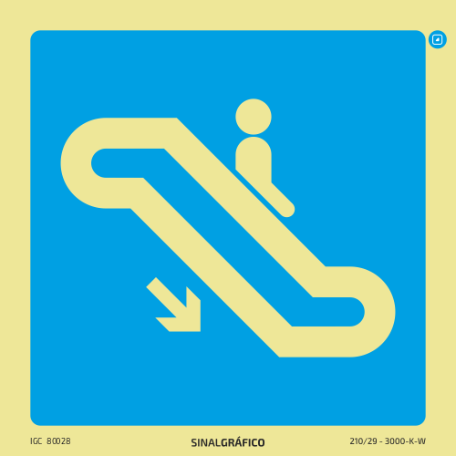 Placa de sinalética –Indicação de escada rolante abaixo à direita ↘
