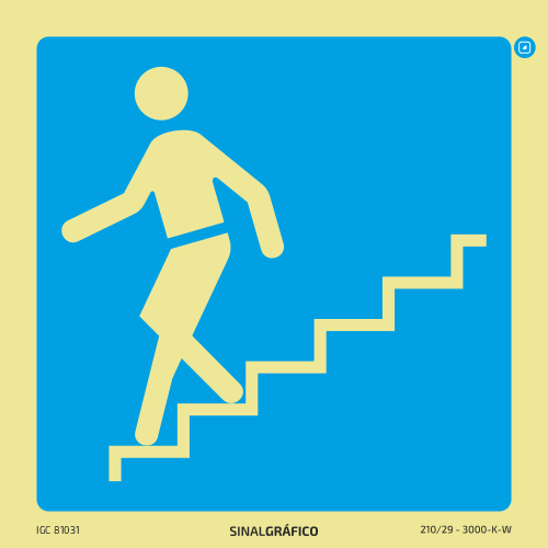 Placa de sinalética – Descer escadas à esquerda