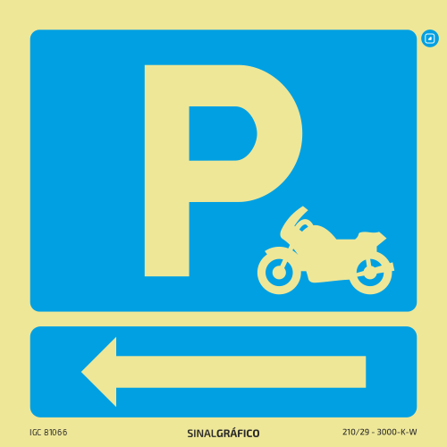 Placa de sinalética – Indicação de lugar de estacionamento para motas à esquerda ←