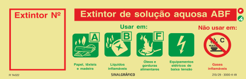 Placa de sinalética - Extintor de solução aquosa ABF - Classe A,B,F e equipamentos eléctricos - Instruções de utilização e número de extintor