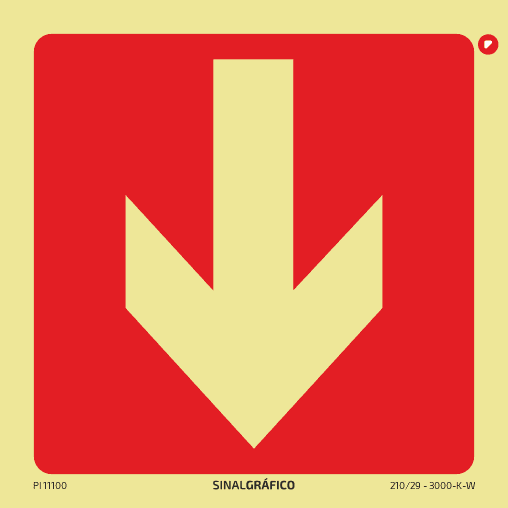 Placa de sinalética fotoluminescente - Seta de direção para baixo - Criaconsensos - Serviços Gráficos e Publicidade