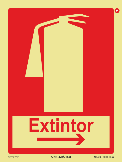 Placa de sinalética - Indicação de extintor para a direita com texto