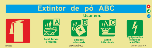 Placa de sinalética fotoluminescente - Extintor de pó ABC classe A,B,C e equipamentos elétricos