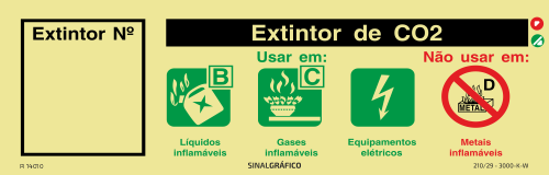 Placa de sinalética fotoluminescente - Extintor de CO2 classe B,C e equipamentos elétricos - instruções de utilização e número de extintor
