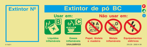 Placa de sinalética - Extintor de pó BC classe B,C - instruções de utilização e número de extintor