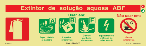 Placa de sinalética - Extintor de solução aquosa ABF - Classe A,B,F e equipamentos eléctricos - Instruções de utilização