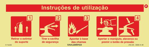 Placa de sinalética - Extintor - Instruções de utilização (aperto de manípulo,alavanca,ou botão)