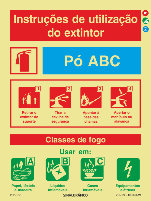 Placa de sinalética fotoluminescente - Instruções de utilização do extintor Pó ABC- Classe A,B,C e equipamentos elétricos